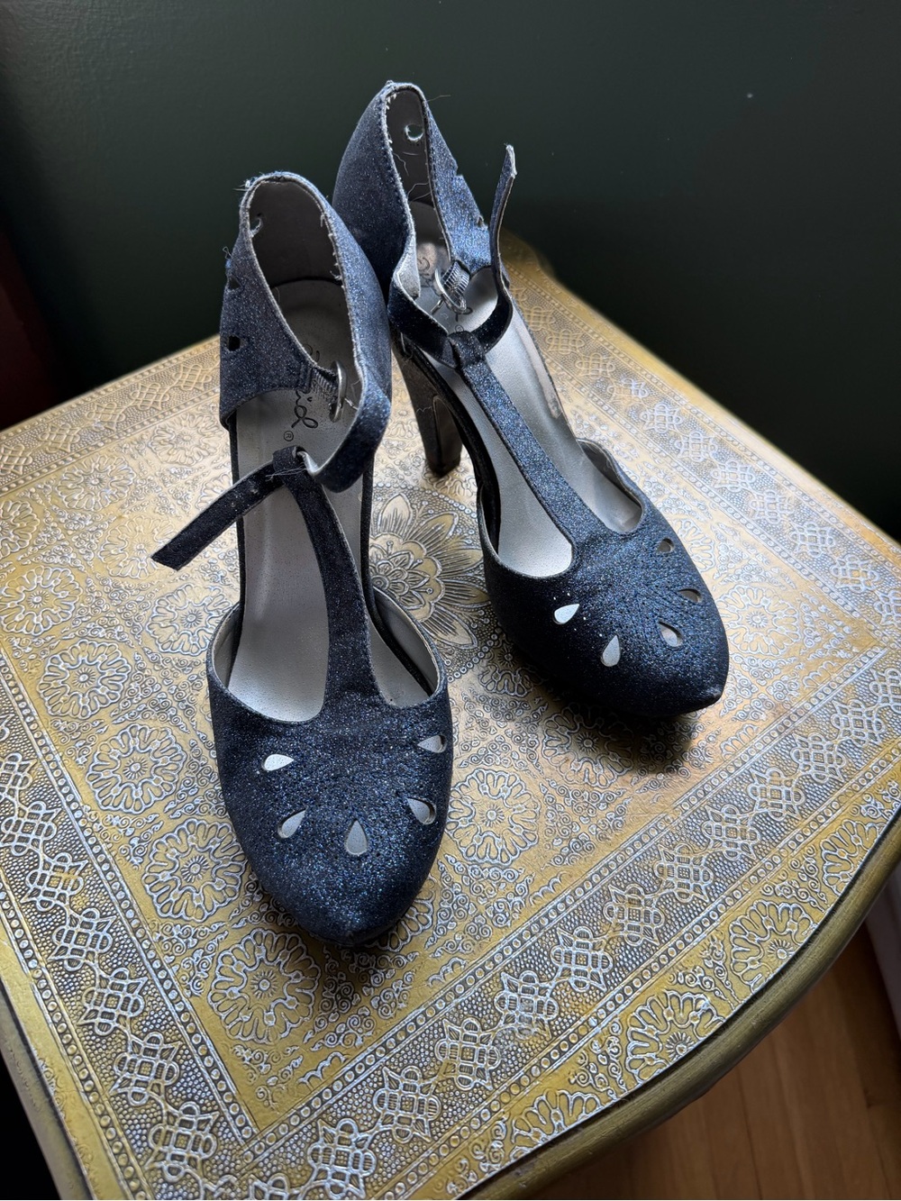 Qupid Black Glitter T-Strap Cutout Heels